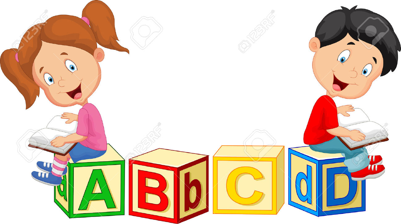 37538179 Children cartoon reading book and sitting on alphabet blocks Stock Vector